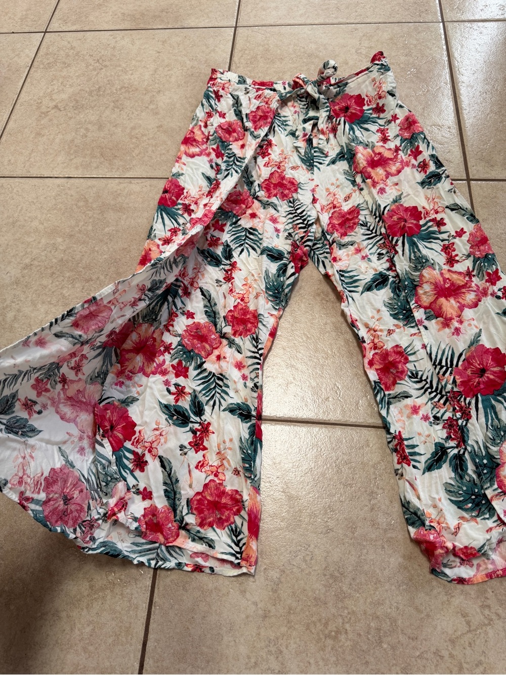 Tropical Floral Split-Leg Wrap Pants - Boho Beach Cover-Up, Size S